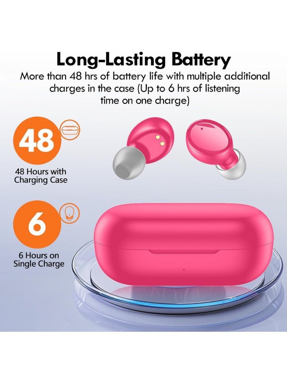 Wireless Hot Pink 48H Playtime Premium Sound Deep Bass Workout Bluetooth Earbud - Picture 2 of 6